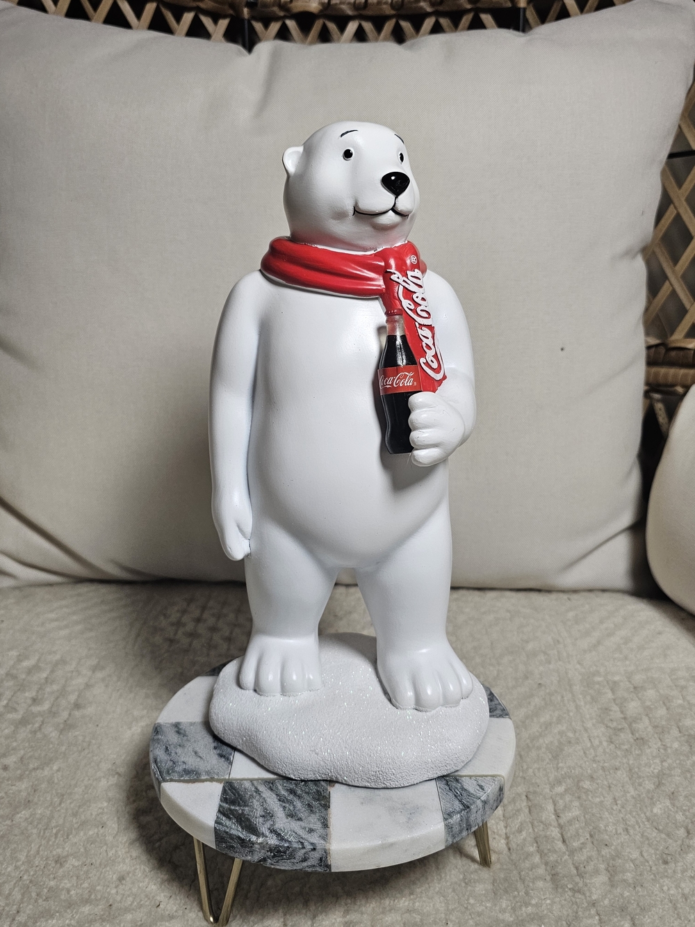 Coca Cola White Polar Bear Statue with Red Scarf and Mini Bottle Christmas Viral